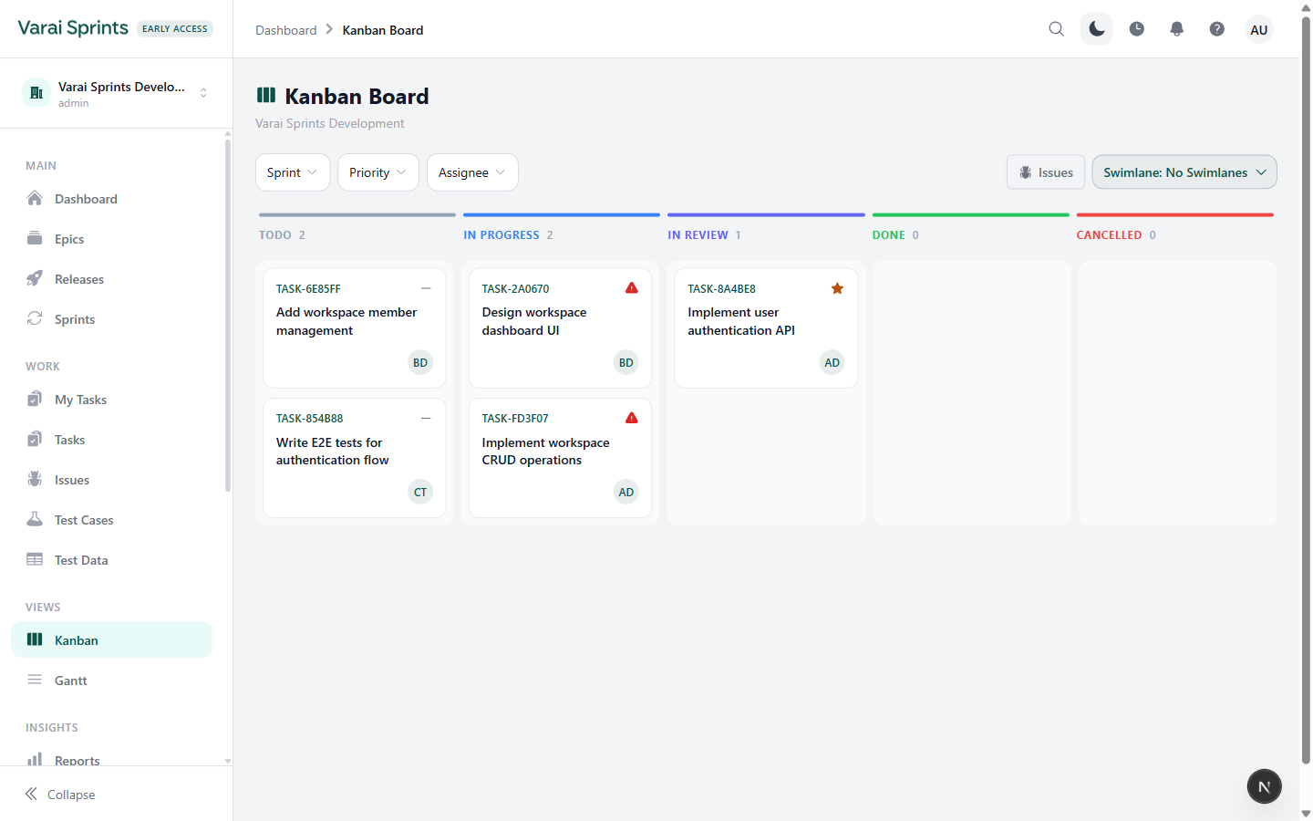 Eythio Kanban board with To Do, In Progress, In Review, and Done columns